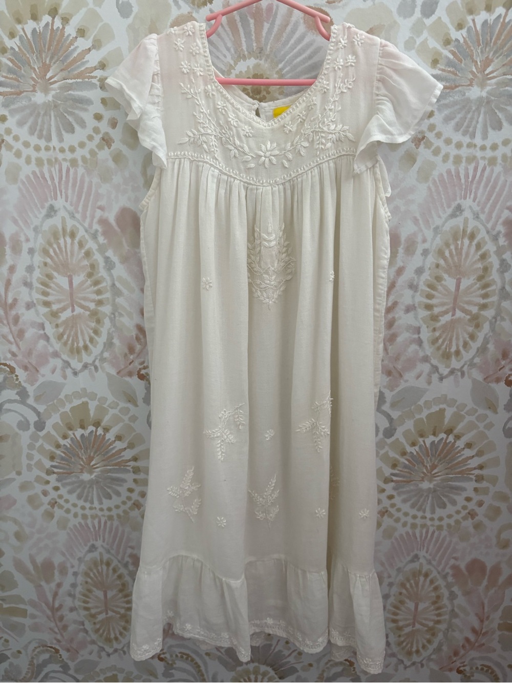Roller Rabbit Girls White Embroidered Cotton Flutter Sleeve Dress | Size 12